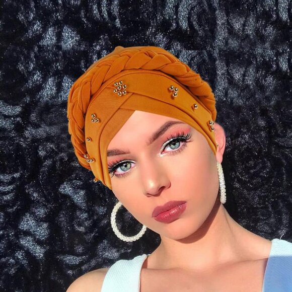 African Women Turban Cap Twisted Beaded Braid Head Wraps Pre-Tied Chemo Headscar - Picture 4 of 9